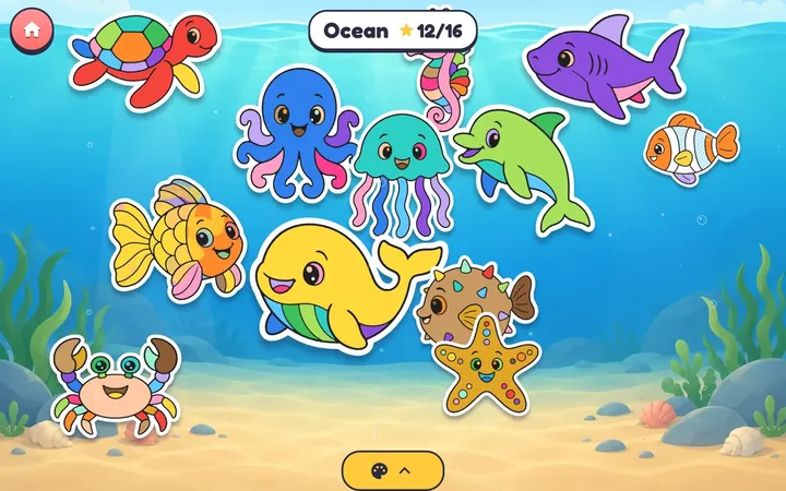 Pastelings Ocean world: a colored turtle, octopus, jellyfish, whale and other sea friends under the water.
