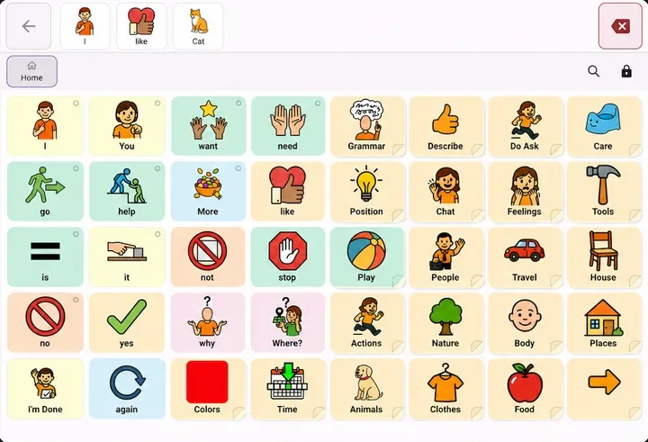 TalkTiles home board: rows of colorful picture tiles such as I, you, want, help and more, with a sentence strip reading I like cat.